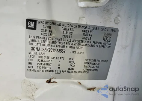 2012 Chevrolet Captiva Sport из США, поврежденный, VIN 3GNAL2EK2CS553559